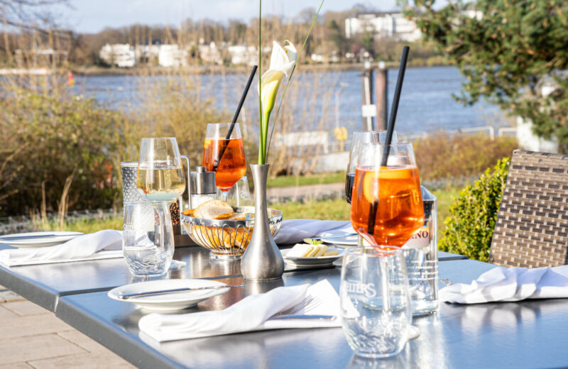 Gatränke und Snacks am Elbufer genießen im elaya hotel hamburg finkenwerder